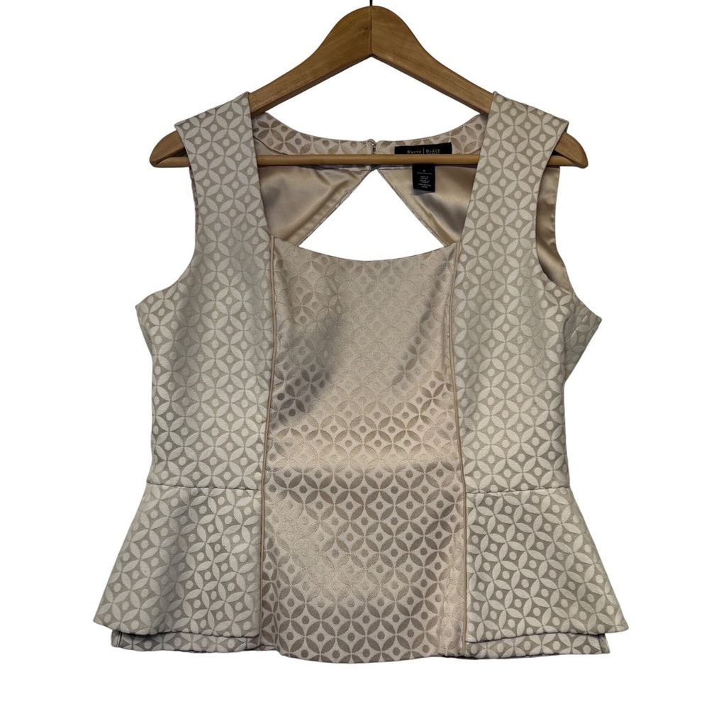 White House Black Market Peplum Top Gold Jacquard Cutout Back Sleeveless Size 8 - Picture 2 of 9